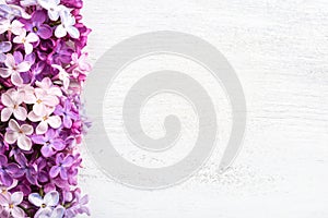 Different tiny flowers of Lilac on the white wooden shabby background. Floral border. Flat lay