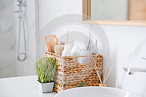 Different toiletries and plants on countertop in bathroom