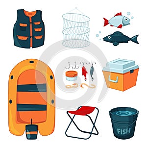 Different tools for fishing. Vector icons set in cartoon style