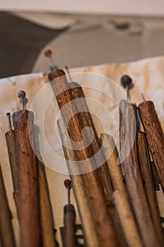 Different tools for handpainted easter eggs with wax