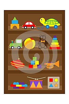 Different toys on shelves in cartoon style, fun education for kids, vector illustration