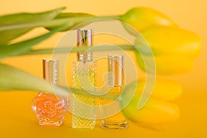 Different transparent perfume bottles with bouquet of tulips on yellow background. Aromatic essence bottles with spring flowers.