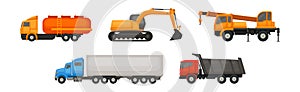 Different Transport with Excavating Machinery and Lorry Vector Set