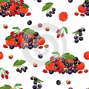 Different tropical berry seamless pattern. Acerola, maqui berry, acai and goji i