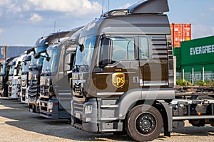Different trucks from the American multinational package delivery, United Parcel Service