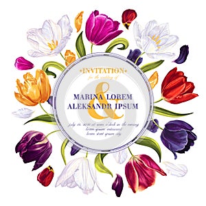 Wedding invitation template, save the date, round frame with highly realistic, multicolored vector tulips photo