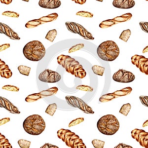 Different type of baguette and rye bread watercolor seamless pattern isolated on white. Hand drawn loaf. Painted challah