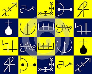 Different type of occult symbols in yellow and phantom blue