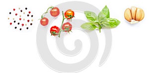 Different type of peppercorns, fresh cherry tomatoes, basil leaves and garlic  on white background