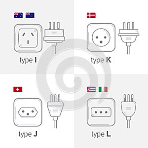 Different type power socket set, isolated icon illustration for different country plugs. Type IJKL.