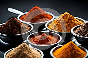 Different type of spices herbs powder in wooden bowl isolated on dark background. Top side view.