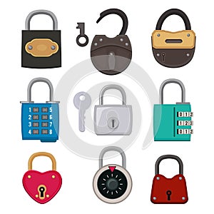 Different types of antique padlocks isolate on white. Safeguard concept illustrations