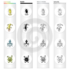 Different types of bacteria and viruses. Funny Viruses set collection icons in cartoon black monochrome outline style