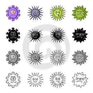 Different types of bacteria and viruses. Funny Viruses set collection icons in cartoon black monochrome outline style