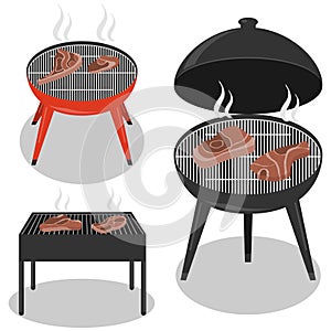 Different types barbecue grills. Barbecue grill isolated on white background. BBQ party, traditional