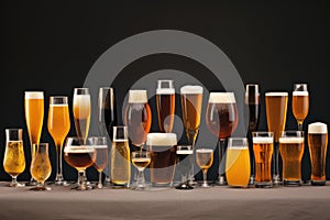 different types of beer in glasses on a black background with copy space, series of beer glasses in various shapes and sizes,