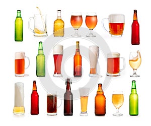 Different types of beer in glasses and bottles isolated on white