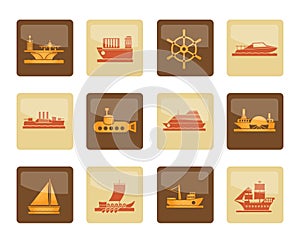 different types of boat and ship icons over brown background