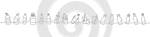 Different types of bottles one line continuous drawing. Empty glass and plastic bottles continuous one line illustration