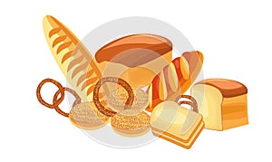 Different types of bread. Arrangement of bread products, a sign of a bakery or bread shop