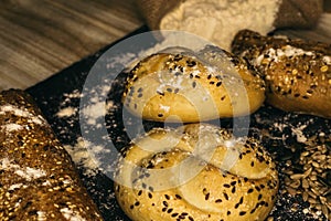 Different types of bread on a board. close-up