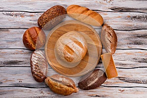 Different types of bread, top view.