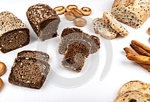 Different types of bread on a white background.