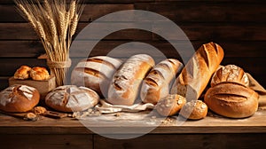 Different types of bread on a wooden background with ears of wheat