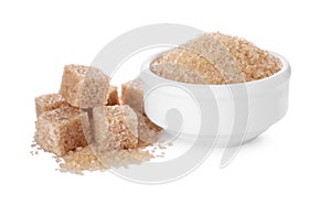 Different types of brown sugar isolated on white
