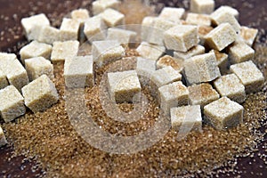 Different types of brown sugar on a wooden table