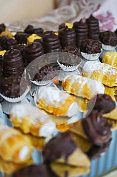 Different types of buffet dessert placed on table. Delicious restaurant raut concept.