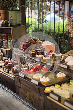 Different types of cakes in pastry shop