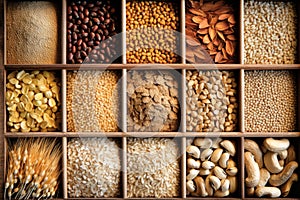 Different types of cereal and beans that have a variety of nutritional benefits. Natural food products. Harvest