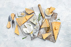 Different types of cheese. Cheeses mix set dor blu chedar camamber brie. place for text, top view