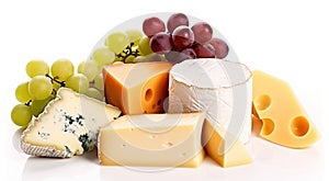 Different types of cheese with grapes isolated on white background, Generative AI