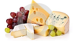 Different types of cheese with grapes isolated on white background, Generative AI