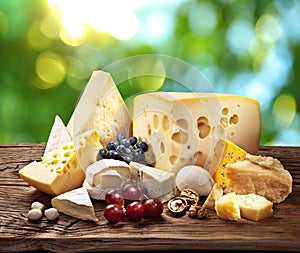 Different types of cheese over old wooden table.