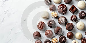 different types of chocolate and chocolates, lots of sweets, top view, confectionery factory, light background