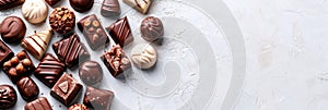 different types of chocolate and chocolates, lots of sweets, top view, confectionery factory, light background