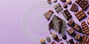 different types of chocolate and chocolates, lots of sweets, top view, confectionery factory, purple background