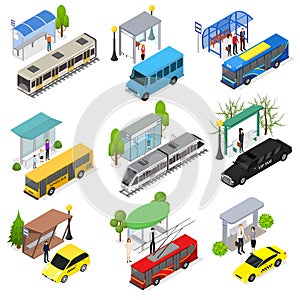 Different Types City Public Transport 3d Icons Set Isometric View. Vector