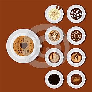 Different types of coffee chocolate cocoa cups top view perfect for menu assortment vector illustration.