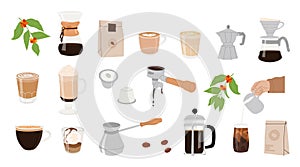 Different types of coffee manual brewing equipment. Set of isolated coffee elements. French press, moka, pour over