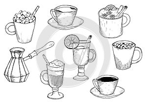 Different types of coffee. Coffee menu. Set of vector illustrations.