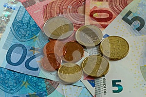 Different types of coins and banknotes of currency of European Union