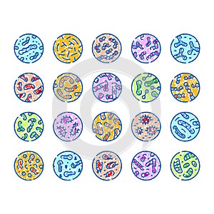 Different types of colorful bacteria and microbes in petri dishes