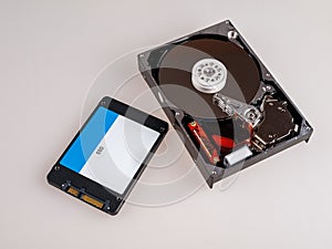 Different types of computer drives, hard disk drives and SSD drives of different generations, data transfer, read and write