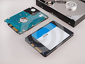Different types of computer drives, hard disk drives and SSD drives of different generations, data transfer, read and write