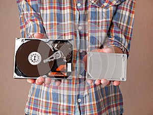 Different types of computer drives, hard disk drives and SSD drives of different generations, data transfer, read and write speed