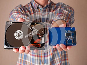 Different types of computer drives, hard disk drives and SSD drives of different generations, data transfer, read and write speed